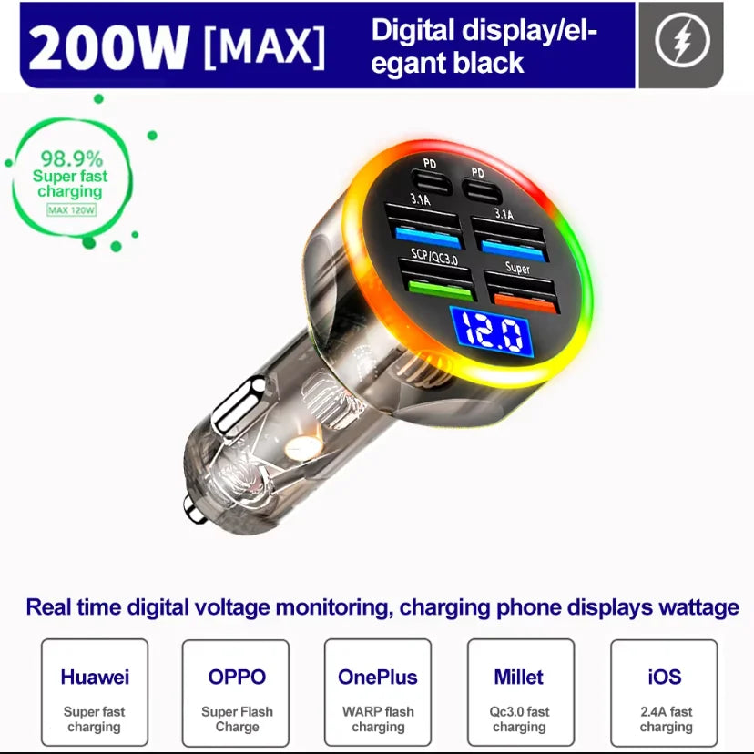250W PD Car Charger QC3.0 Fast Charge two to Six Port Car Cigarette Lighter Plug Car Charger Flash Charge with Digital Display - LKBA