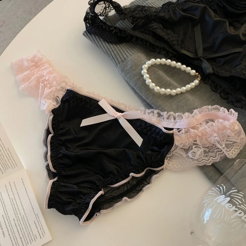 Women's Panties Lace Ruffle Satin Sexy Underwear Women's Low Waist Mesh Hollow Out Panties Sweet Girl Breathable  Briefs Lingeri - LKBA