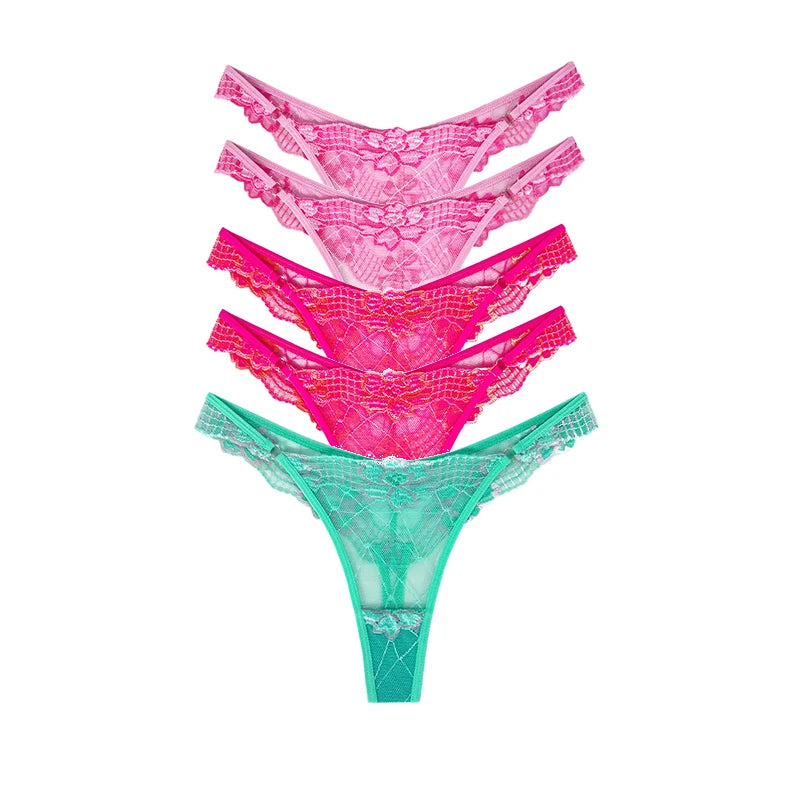 5pcs Lace Ladies G-string Perspective Floral Panties Low Waist Sexy Female Thongs Comfortable Breathable Intimate Lingerie Set - LKBA