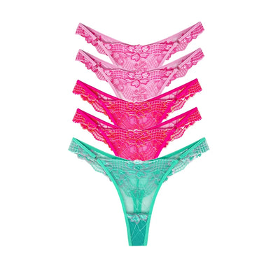 5pcs Lace Ladies G-string Perspective Floral Panties Low Waist Sexy Female Thongs Comfortable Breathable Intimate Lingerie Set - LKBA