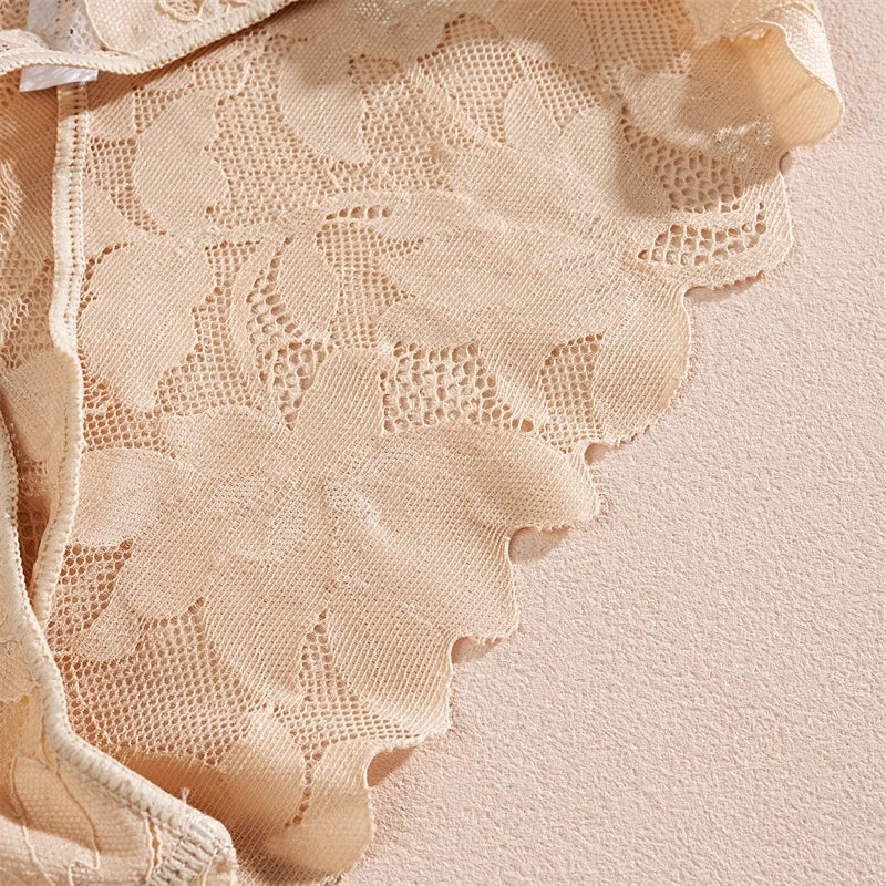 2Pcs Women's Satin Floral Lace Underwear Sexy Hollow Out Panties Solid Low-Waist Perspective Briefs Girls Soft Lingerie - LKBA