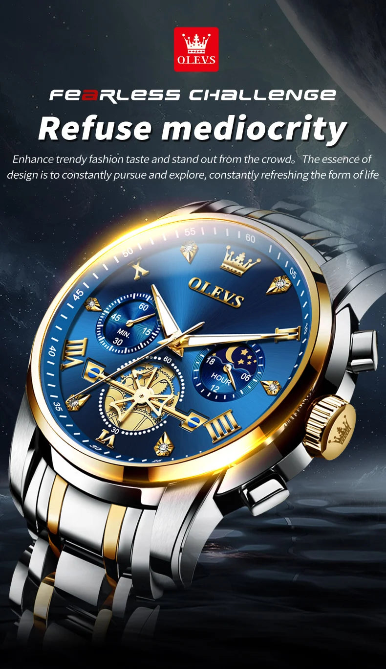 OLEVS 2856 Quartz Watch for Men Flywheel Skeleton Chronograph Moon Phase Multifunctional Stainless steel Men's Wristwatches - LKBA