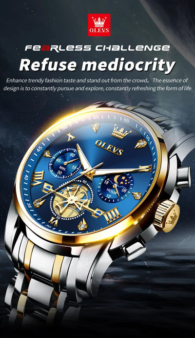 OLEVS 2856 Quartz Watch for Men Flywheel Skeleton Chronograph Moon Phase Multifunctional Stainless steel Men's Wristwatches - LKBA