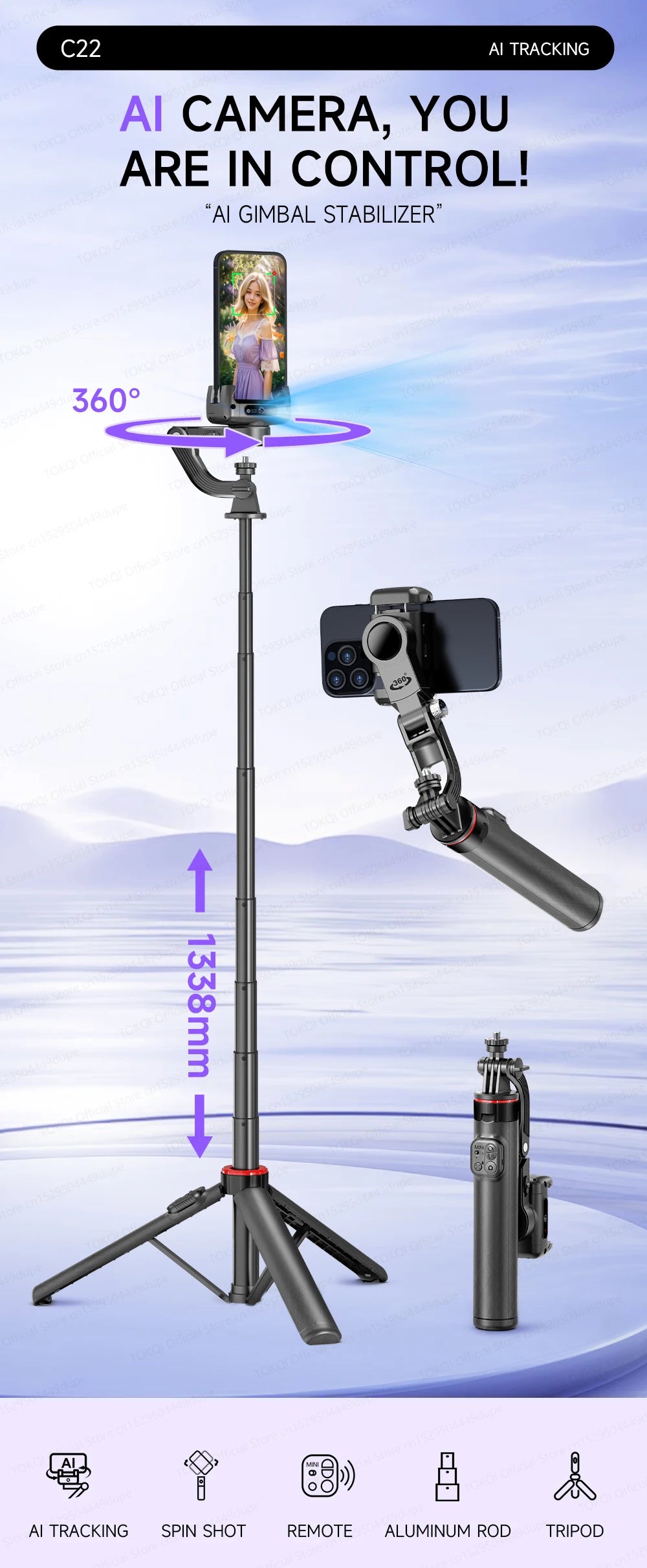 C22 AI Face Tracking Handheld Gimbal Stabilizer 360° Rotation Shoot Selfie Stick Tripod - LKBA