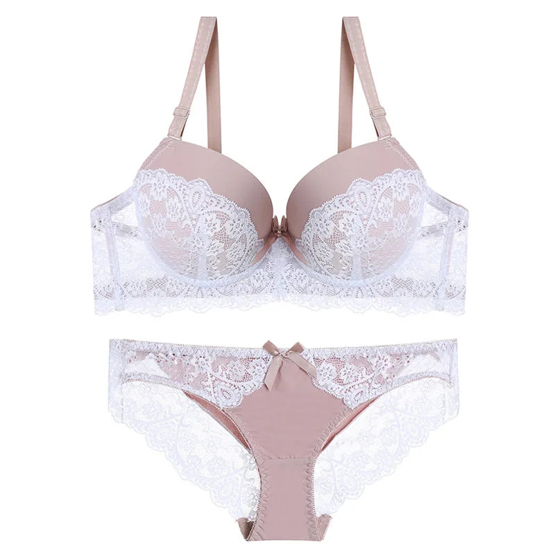 New Style Sexy Women Bra Set Lace Thin Cup B C Underwired Underwear Small Chest Gathering Push Up Lingerie Breast Bra Thong - LKBA