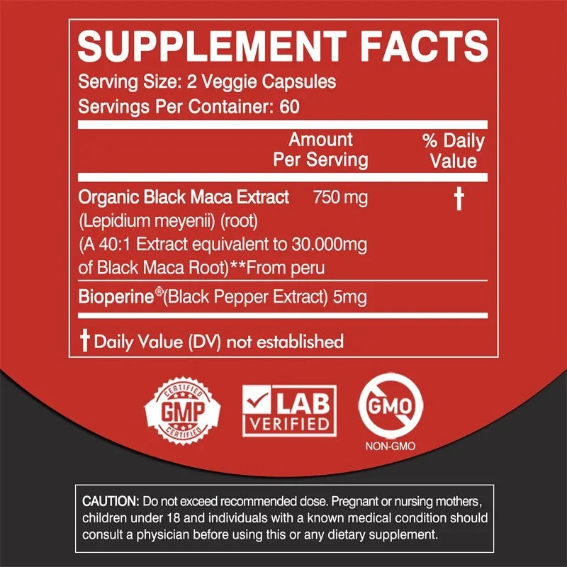 Black Maka Root Capsules - Men's Energy, Endurance and Vitality Booster, Builds Muscle, Strength and Drive - LKBA