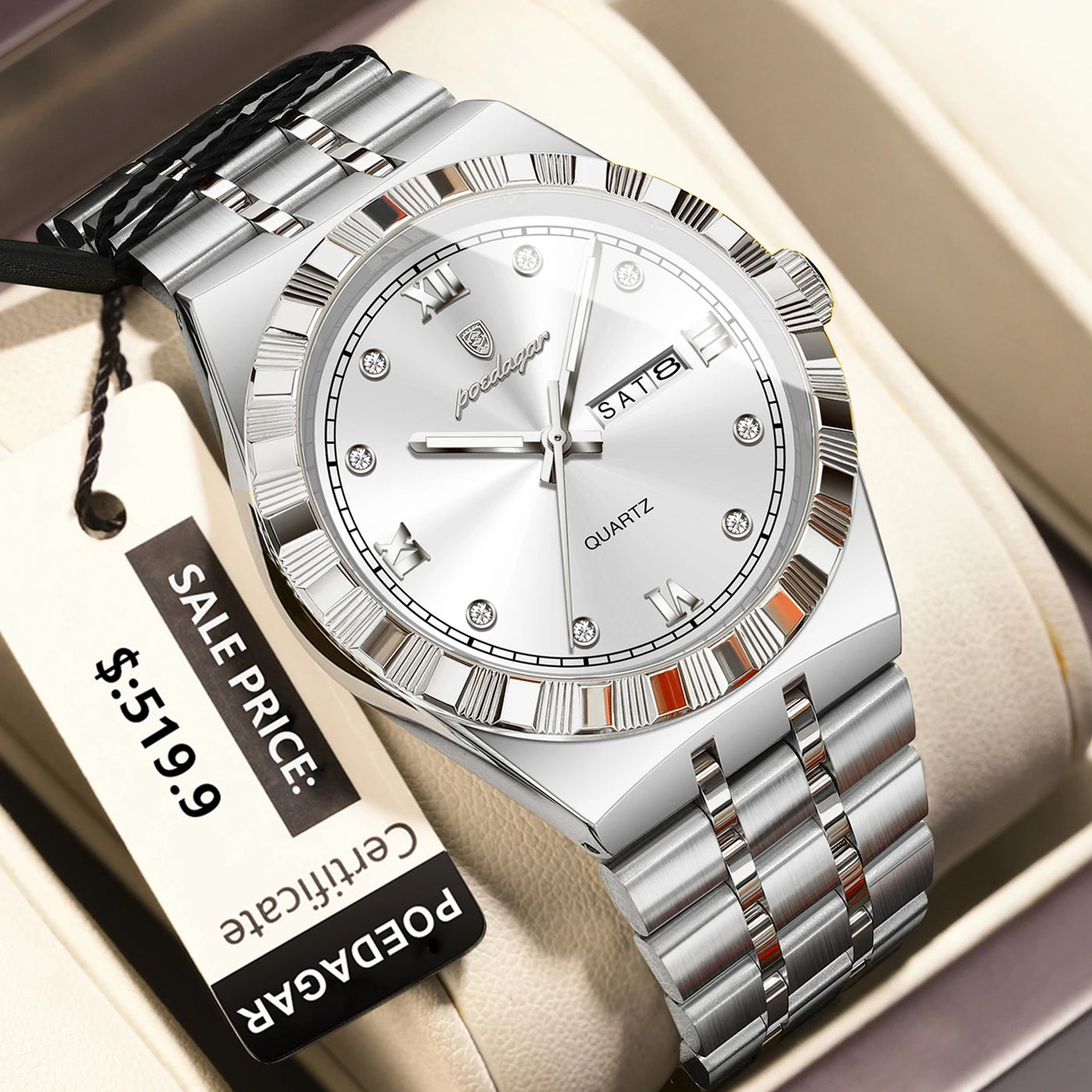 POEDAGAR Original Military Man Wristwatch Quartz Week Date Watch For Men Waterproof Luminous Stainless Steel Men's Watches Reloj