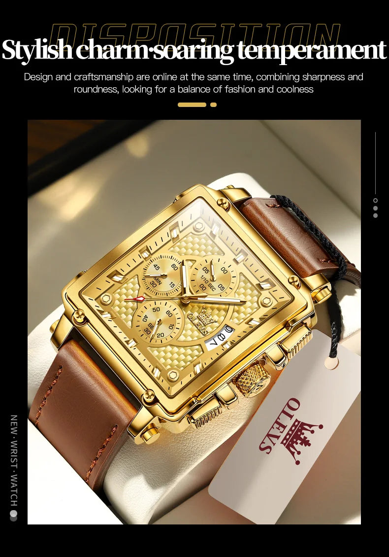 OLEVS Men's Top Brand Square Quality Quartz Wristwatch Chronograph Waterproof Original Watch for Man Luminous Date Luxury - LKBA