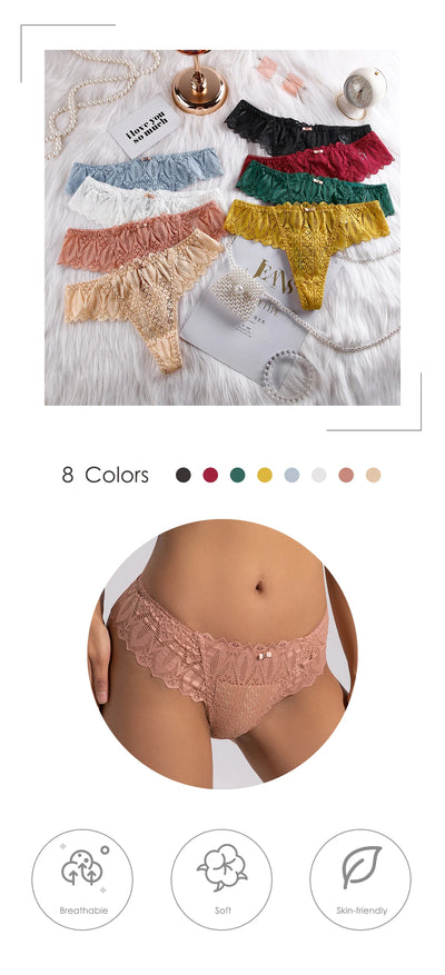 BANNIROU Women's Thongs Underwear Female Intimates T-back G-string Sexy Transparent Lace Low-Rise Panties Lingerie For Woman - LKBA