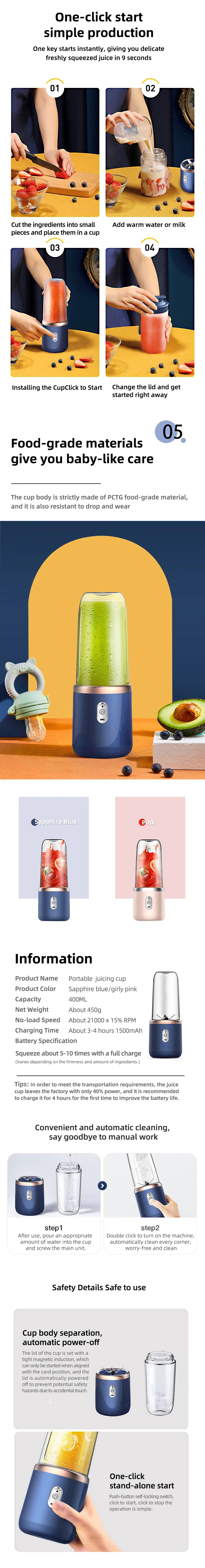 Portable Juicer Blender 400ml Electric Fruit Juicer USB Charging Lemon Orange Fruit Juicing Cup Smoothie Blender Machine 2cups - LKBA