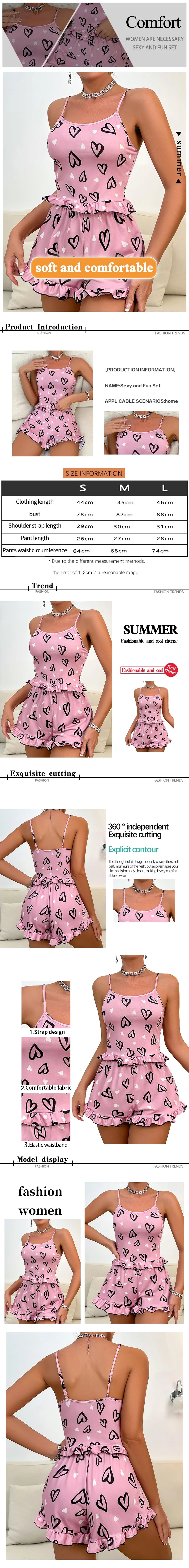 Womens' Summer Ice Silk Pink Printed Love Pajama Sexy Strap Shorts Home Clothes Set - LKBA