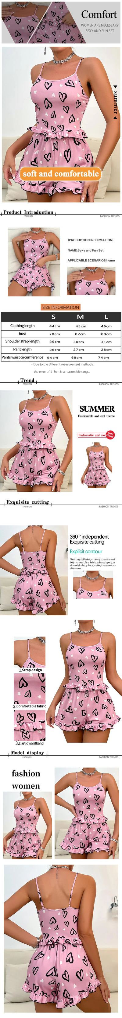 Womens' Summer Ice Silk Pink Printed Love Pajama Sexy Strap Shorts Home Clothes Set - LKBA