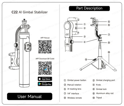 C22 AI Face Tracking Handheld Gimbal Stabilizer 360° Rotation Shoot Selfie Stick Tripod