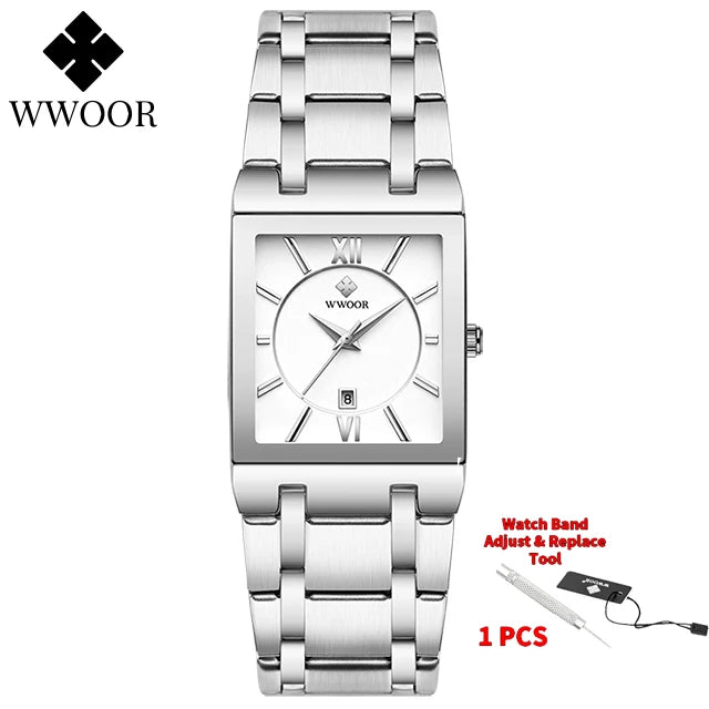 Fashion Stainless Steel Watches Men 2024 WWOOR Square Waterproof Quartz Watch Men Top Brand Luxury Gold Black Wristwatch For Man