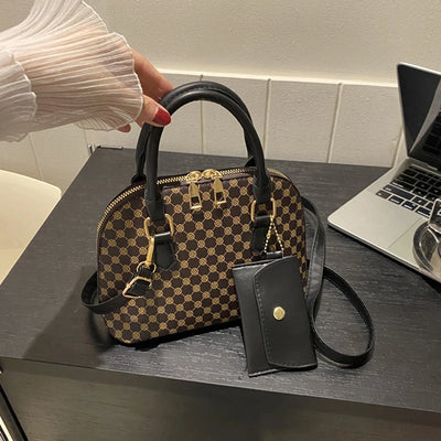 Luxury Shell Fashion Women's Handbag Simple Shoulder Bag Plaid Print Crossbody Bag with Mini Purse - LKBA