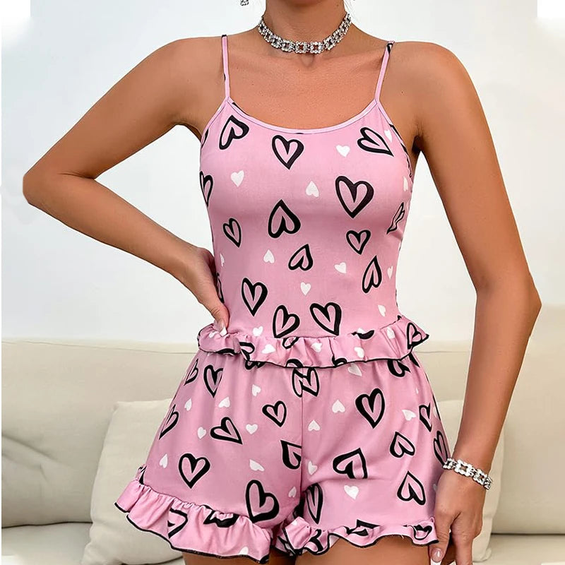 Womens' Summer Ice Silk Pink Printed Love Pajama Sexy Strap Shorts Home Clothes Set - LKBA