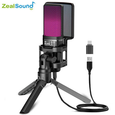 Zealsound RGB USB Condenser Gaming Microphone Computer Professional Mic For PC PS4 PS5 Mac Phone Recording Streaming Podcasting - LKBA