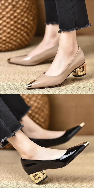 French Vintage High Heels Women's Spring Autumn New Style Metal Head Low Odor Elegant Anti-Kick Commuter Thick Heel Single Shoes - LKBA