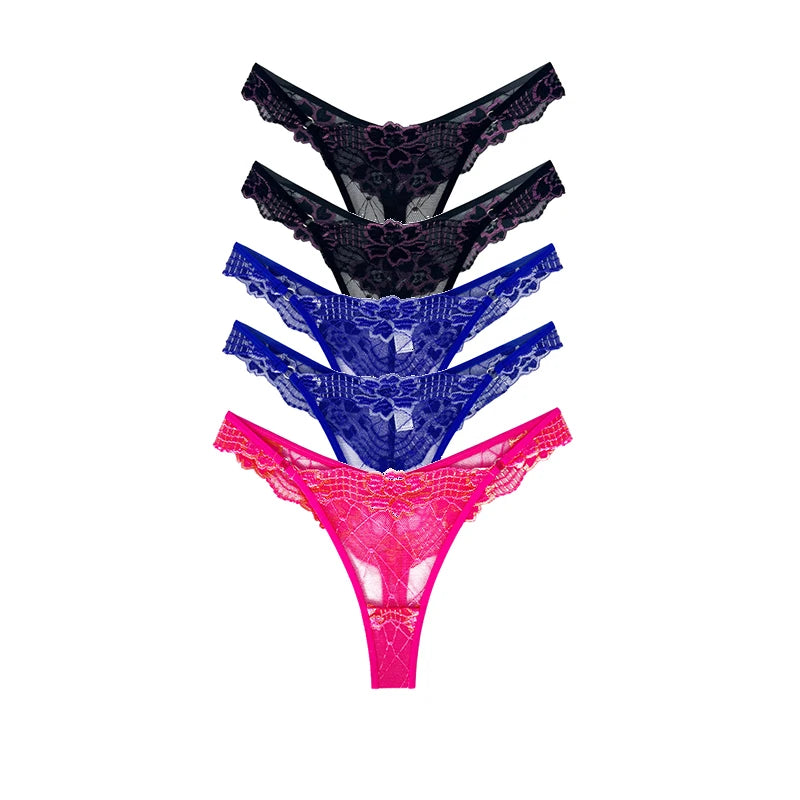 5pcs Lace Ladies G-string Perspective Floral Panties Low Waist Sexy Female Thongs Comfortable Breathable Intimate Lingerie Set - LKBA
