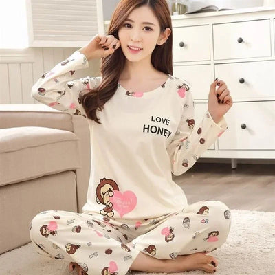 Autumn 2pieces Pyjamas Set Women Thin Sexy Sleepwear Lovely Home Suit 2025 Round Neck Girls Teacup Sleepwear Long Sleeve Pajamas - LKBA