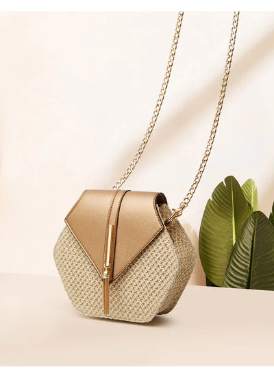 Shape Straw PU Leather Handbag Women Summer Rattan Bag Handmade Woven Beach Bohemia Chain Strap Shoulder - LKBA