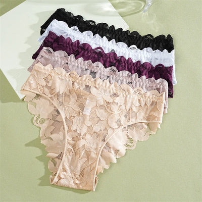 2Pcs Women's Satin Floral Lace Underwear Sexy Hollow Out Panties Solid Low-Waist Perspective Briefs Girls Soft Lingerie - LKBA