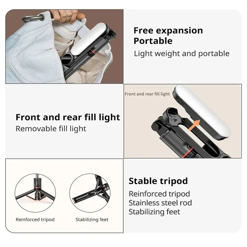 2025 New L15 Wireless Selfie Stick Tripod Stand Foldable Monopod with Led Light for Smart phones - LKBA