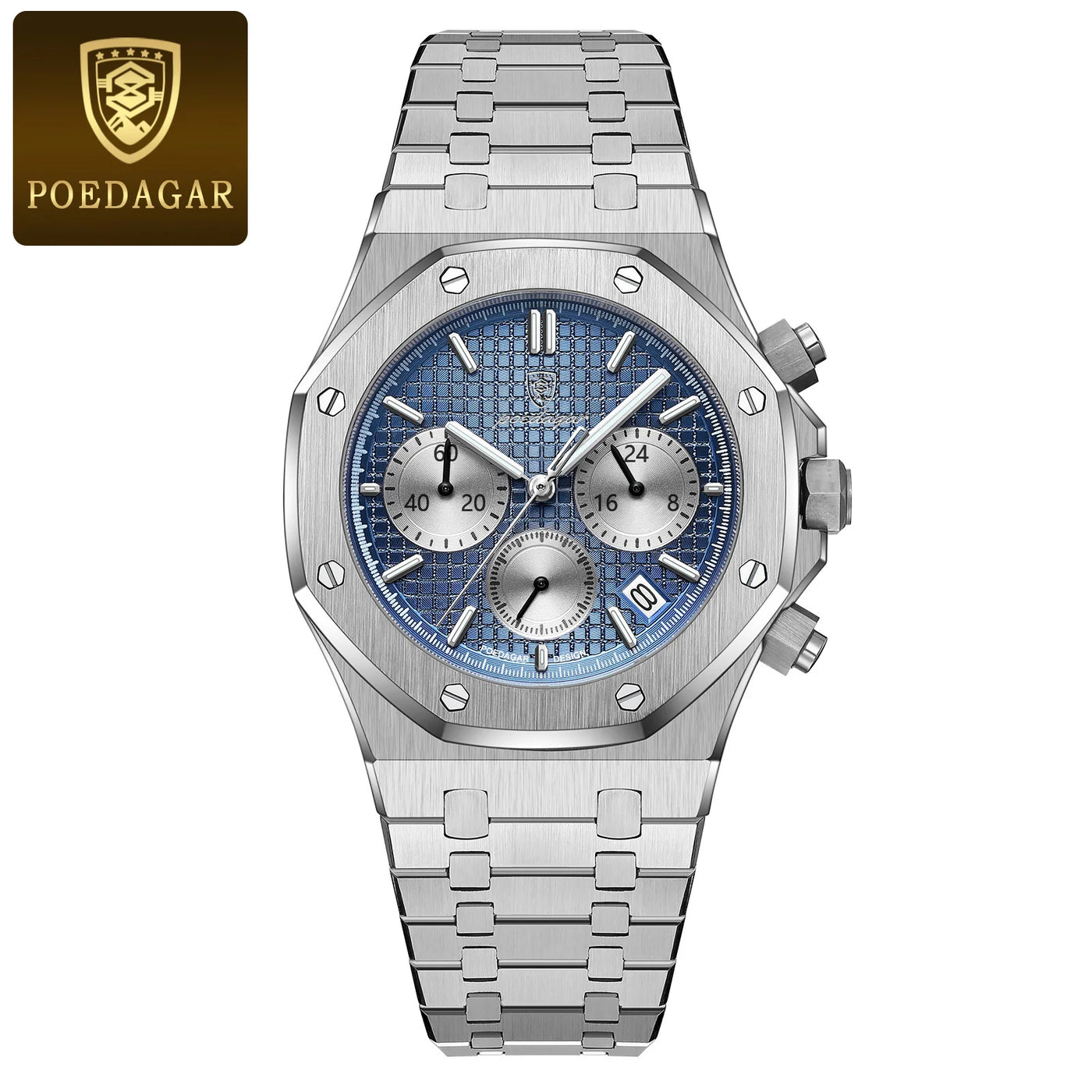 POEDAGAR Original Luxury Men's Watches Date Chronograph Stainless Steel Quartz Watch Waterproof Luminous Fashion Man Wristwatch - LKBA