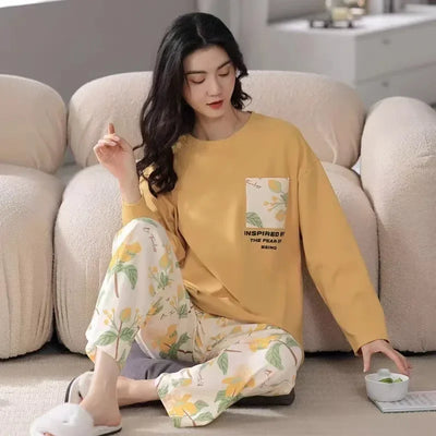Pyjamas Set for Women's Plus Size Student Long Sleeve Spring and Fall Loungewear Ladies Simple Loose Homewear Casual Sleepwear - LKBA