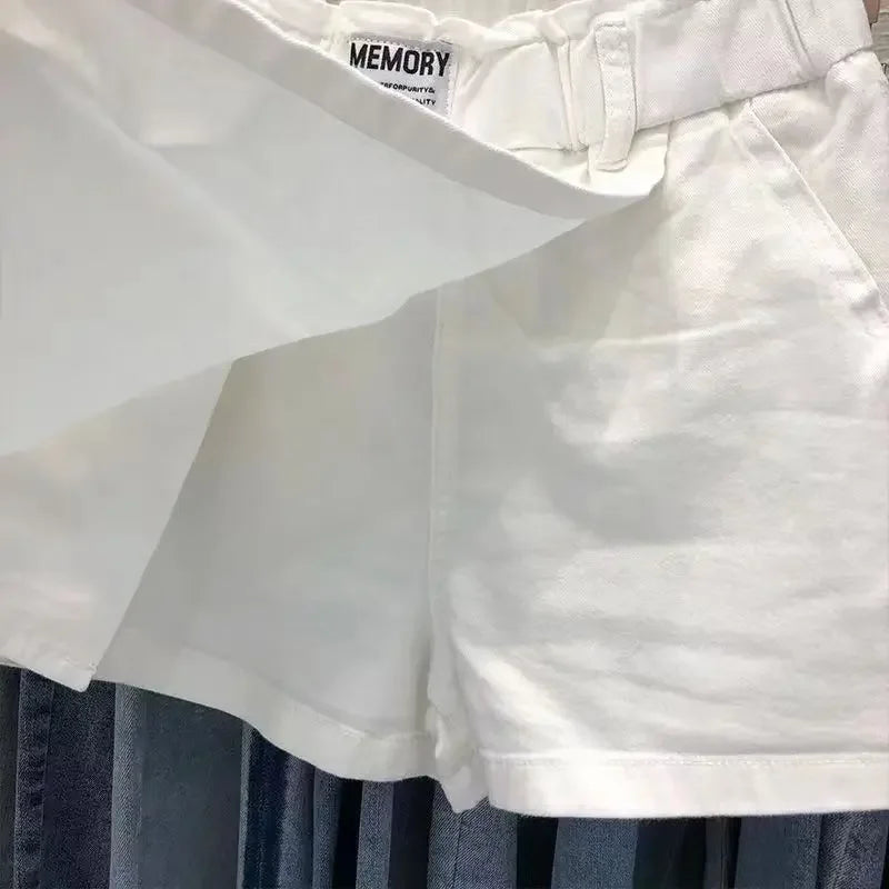 High-Waisted Cotton Mini Dress Plus Size Two-Piece Illusion Pants Skirt Slimming A- Line Half Body For Women Spring Summer White - LKBA