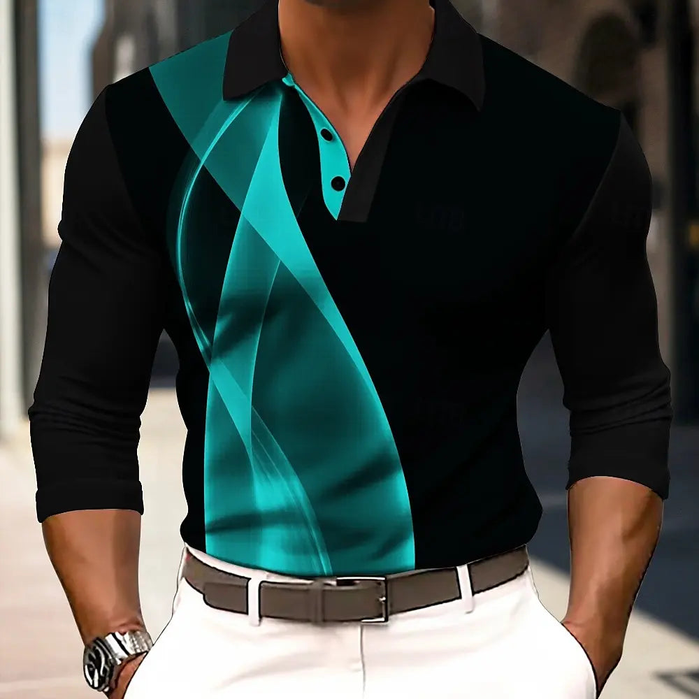 2025 Fashion Men's Geometry Stripe Long Sleeve Polo Shirt Breathable Casual Tops Slim Fit Quick Drying Classic Collar Polo Shirt - LKBA