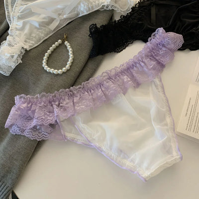 Women's Panties Lace Ruffle Satin Sexy Underwear Women's Low Waist Mesh Hollow Out Panties Sweet Girl Breathable  Briefs Lingeri - LKBA