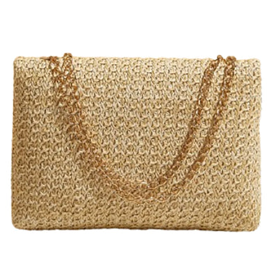 Fashion Straw Women Chain Shoulder Bag Woven High-Capacity Buckle Closure Clutch Handmade - LKBA