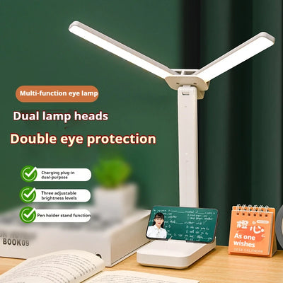 LED double-head desk lamp, 3-level dimmable touch night light, USB rechargeable, eye-protection, foldable bedside reading desk - LKBA