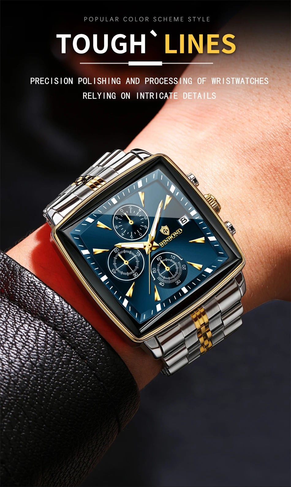 BINBOND Luxury Square Sport Man Wristwatch Waterproof Luminous Chronograph Quartz Men's Watches Stainless Steel Men Watch Reloj - LKBA