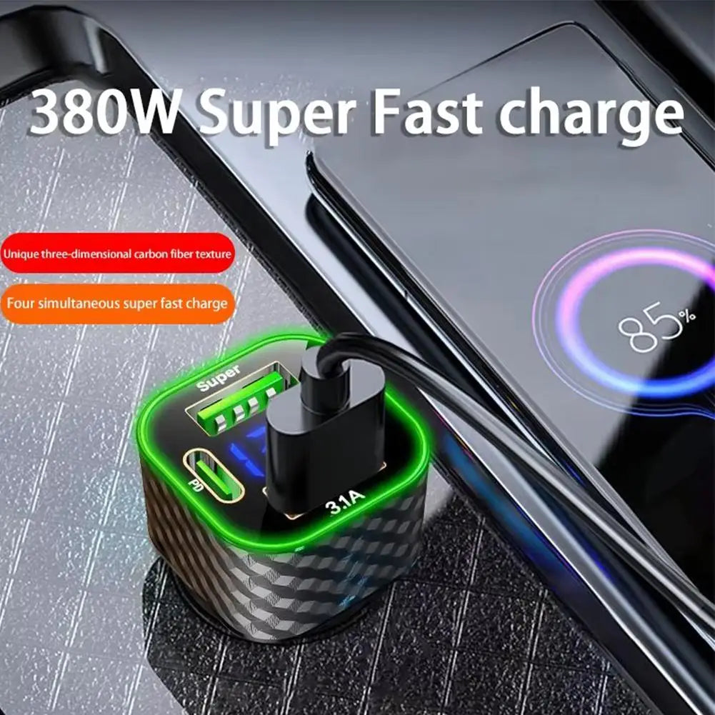 380W USB C Car Phone Charger Dual PD USB Charger With Voltage Display Super Fast Charge Adapter For IPhone Oppo - LKBA
