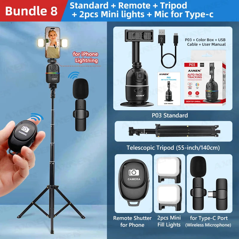 Auto Face Tracking Desktop Gimbal Intelligent Rotating Holder for Mobile Phone - Option Wireless Remote Selfie Smartphone Tripod