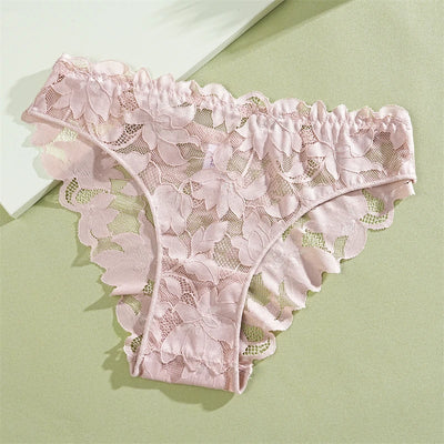 2Pcs Women's Satin Floral Lace Underwear Sexy Hollow Out Panties Solid Low-Waist Perspective Briefs Girls Soft Lingerie - LKBA