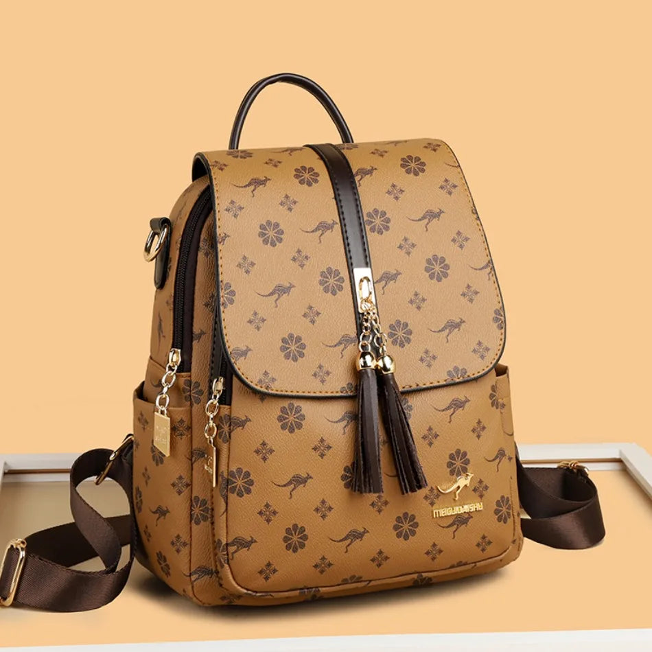 Ladies Backpack Designer High Quality Leather Women Bag Luxury Fashion Printing Tassel School Bags Large Capacity Backpacks Sac - LKBA