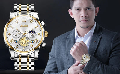 OLEVS 2856 Quartz Watch for Men Flywheel Skeleton Chronograph Moon Phase Multifunctional Stainless steel Men's Wristwatches - LKBA
