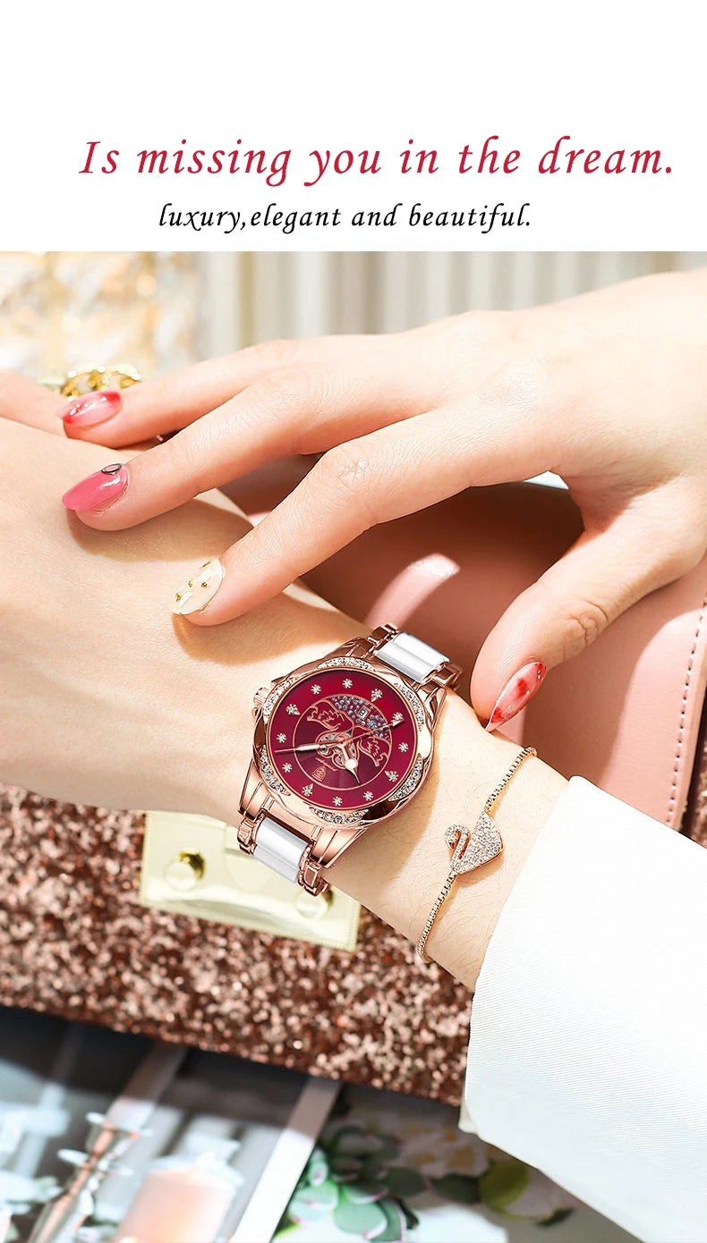 POEDAGAR Luxury Women's Quartz Watch Waterproof Luminous Date Ceramics Steel Watches For Woman Diamond Elegant Ladies Wristwatch - LKBA