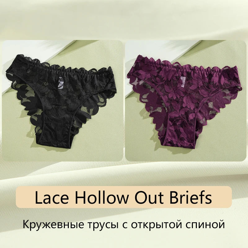 2Pcs Women's Satin Floral Lace Underwear Sexy Hollow Out Panties Solid Low-Waist Perspective Briefs Girls Soft Lingerie - LKBA