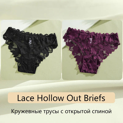 2Pcs Women's Satin Floral Lace Underwear Sexy Hollow Out Panties Solid Low-Waist Perspective Briefs Girls Soft Lingerie - LKBA