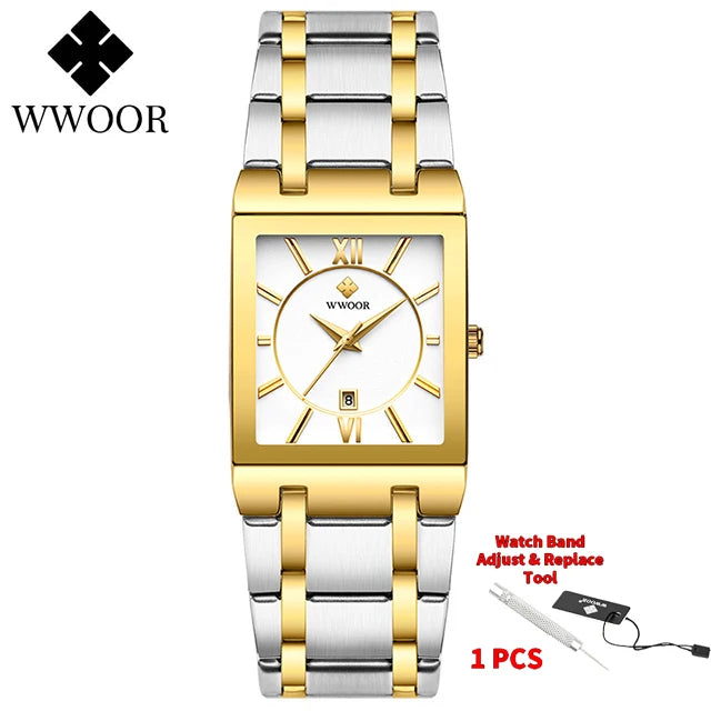WWOOR Brand Luxury Gold Bracelet Men's Watches Fashion Square Quartz Wrist Watch For Men Stainless Steel Waterproof Reloj Hombre