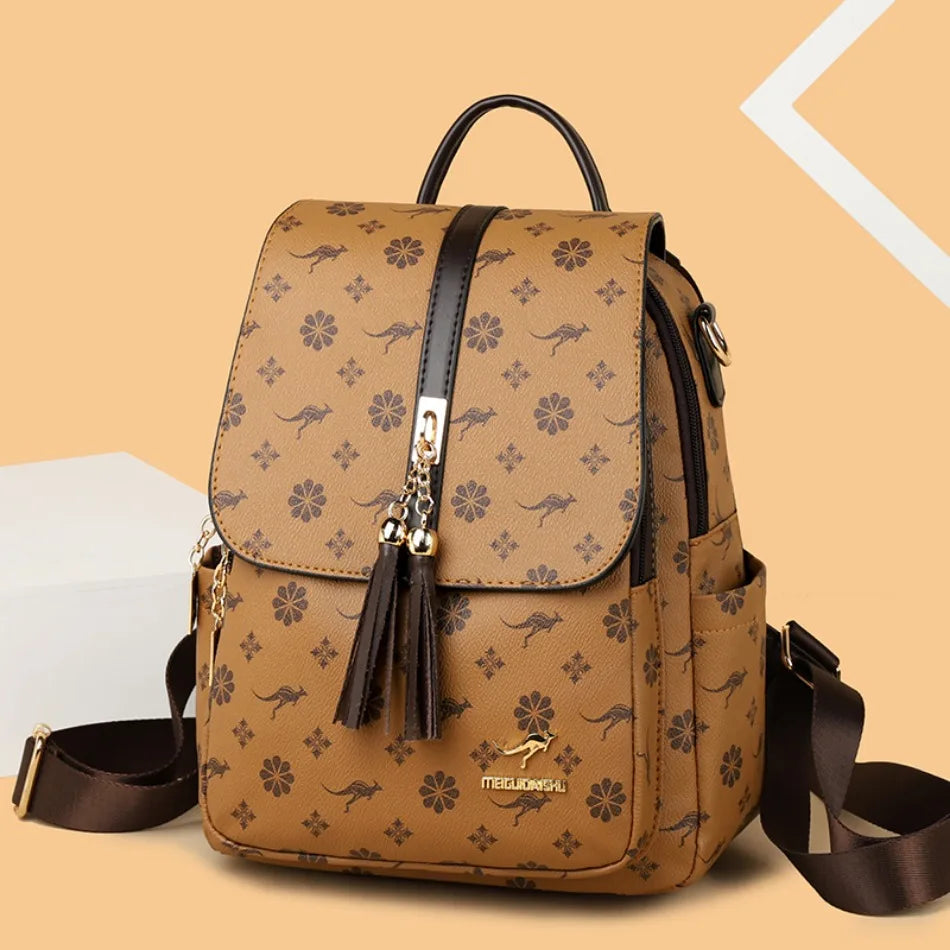 Ladies Backpack Designer High Quality Leather Women Bag Luxury Fashion Printing Tassel School Bags Large Capacity Backpacks Sac - LKBA