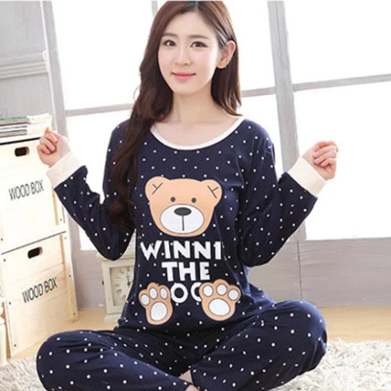 Autumn 2pieces Pyjamas Set Women Thin Sexy Sleepwear Lovely Home Suit 2025 Round Neck Girls Teacup Sleepwear Long Sleeve Pajamas - LKBA