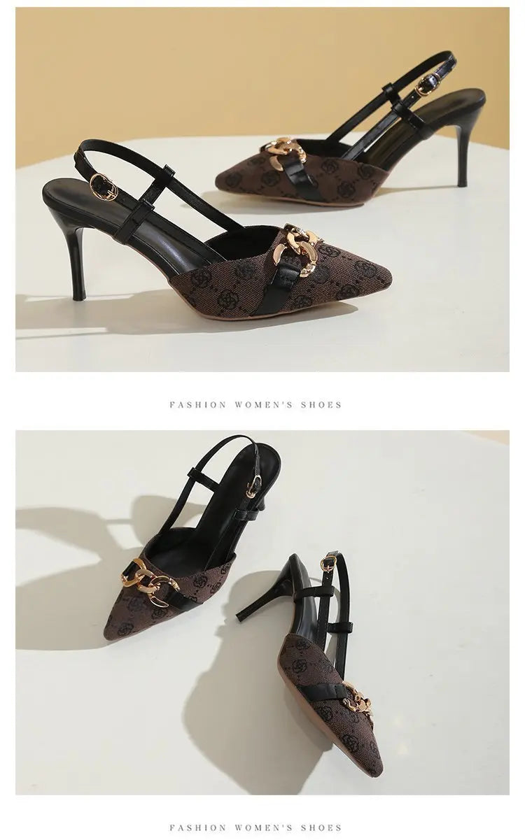 2025 Women's Fashion Baotou Sandals Spring New Pointed Head Shallow Mouth Metal Buckle Anti-slip Wear-resistant High Heels - LKBA