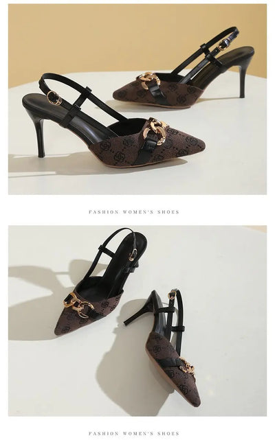 2025 Women's Fashion Baotou Sandals Spring New Pointed Head Shallow Mouth Metal Buckle Anti-slip Wear-resistant High Heels - LKBA