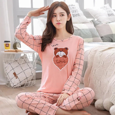Autumn 2pieces Pyjamas Set Women Thin Sexy Sleepwear Lovely Home Suit 2025 Round Neck Girls Teacup Sleepwear Long Sleeve Pajamas - LKBA