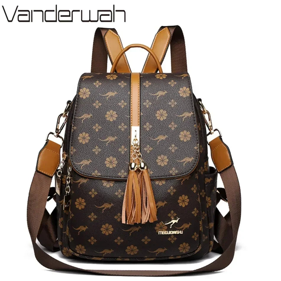 Ladies Backpack Designer High Quality Leather Women Bag Luxury Fashion Printing Tassel School Bags Large Capacity Backpacks Sac - LKBA